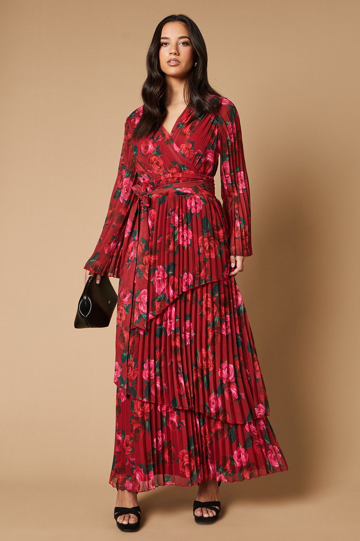 Oasis Floral Printed Pleated Asymmetric Tiered Maxi Dress Pink image 1