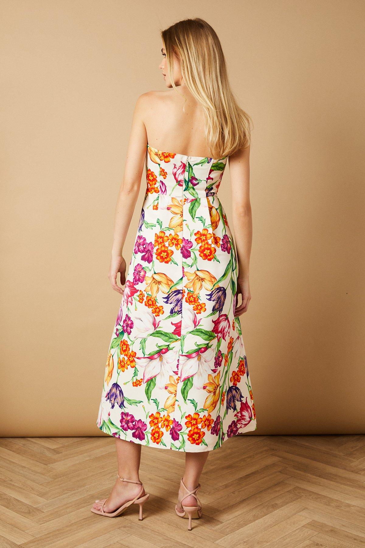 Oasis Occasion Floral Twill Strapless Midi Dress Multi image 3