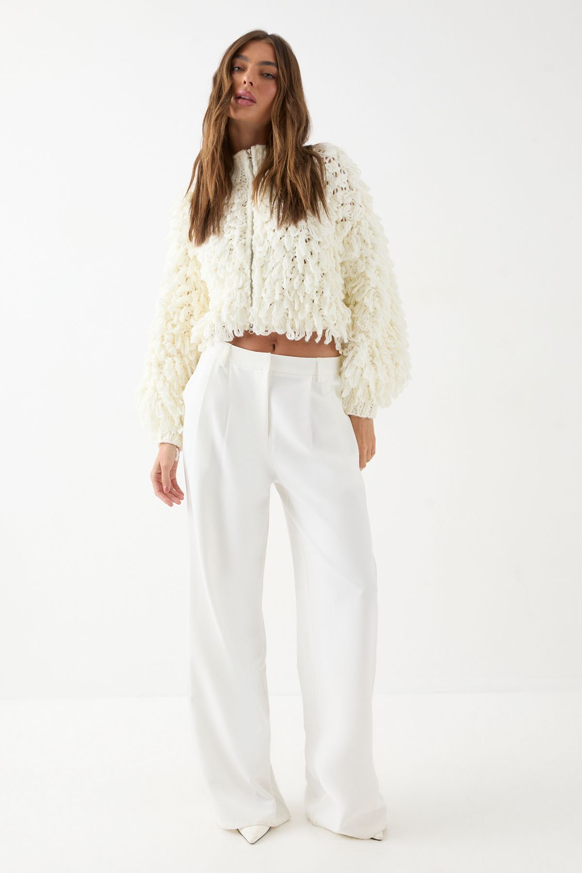 MissPap Zip Up Cream Fringe Loop Bomber Neutral image 2