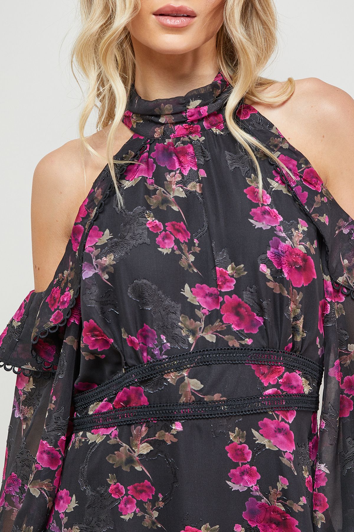 Oasis Cold Shoulder Ruffle Halterneck Midi Dress Multi image 4