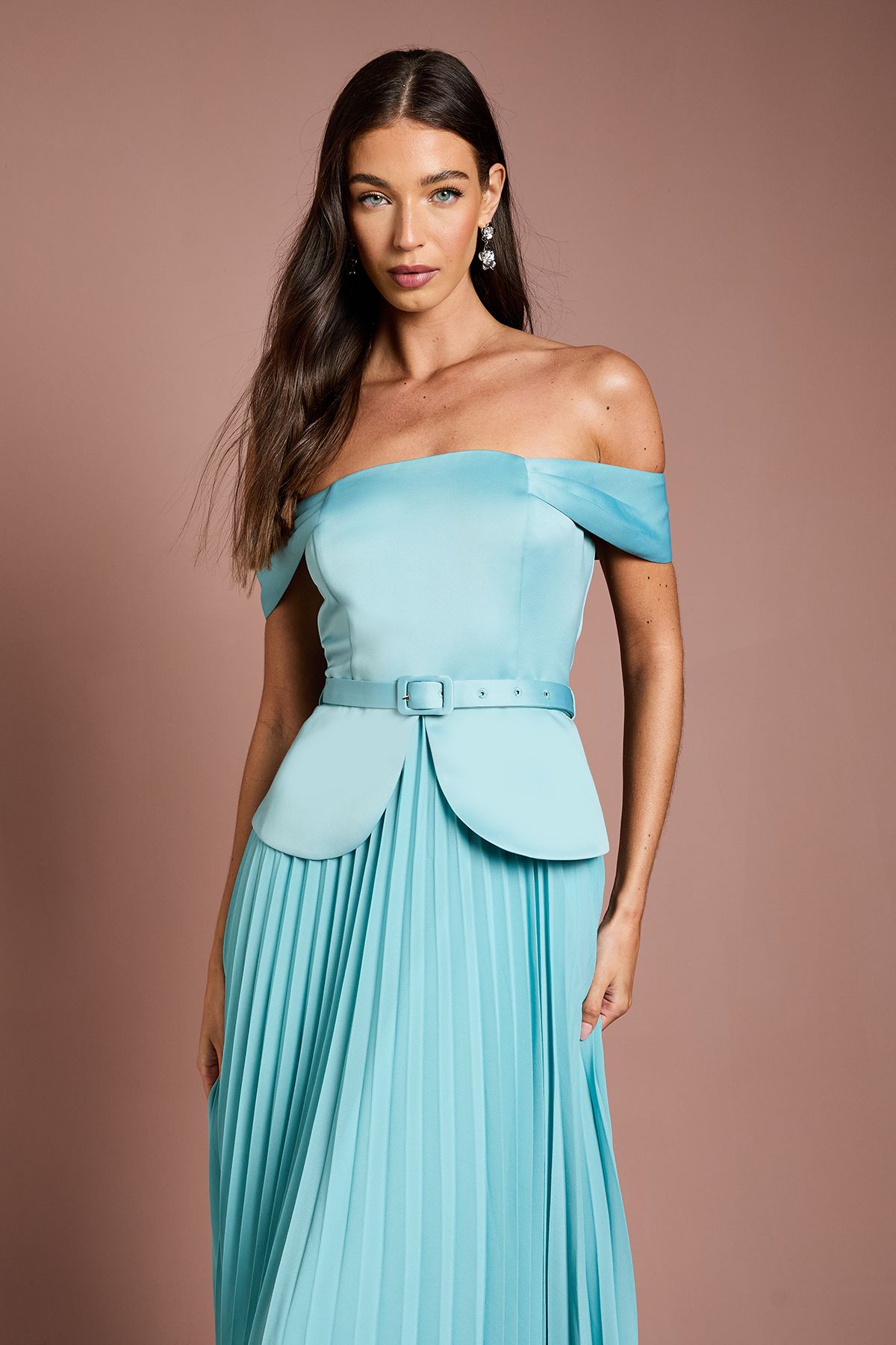 Coast Satin Bardot Top Pleat Skirt Midi Dress Mint image 2
