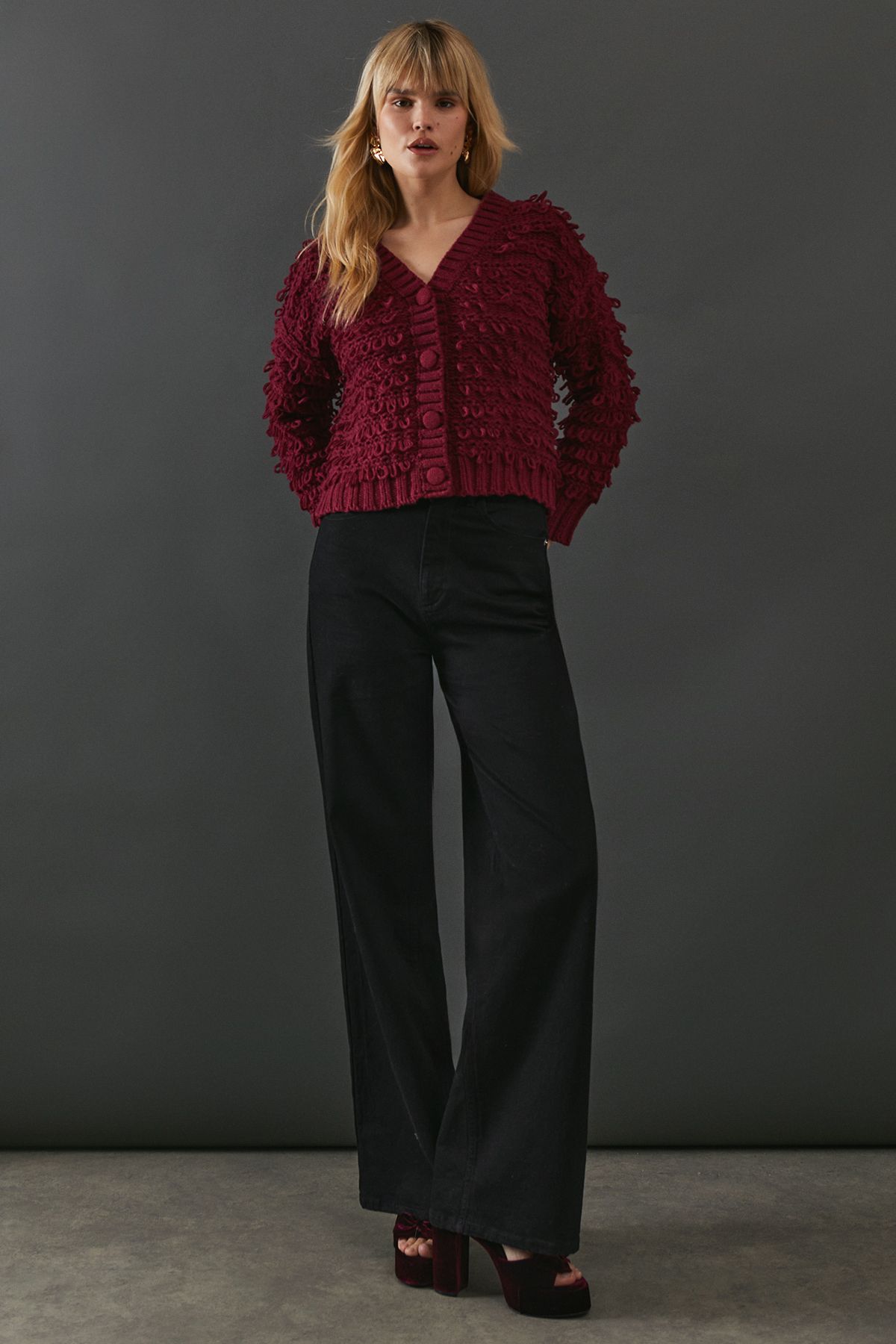 Warehouse Shaggy Button Down Cardigan Wine image 4
