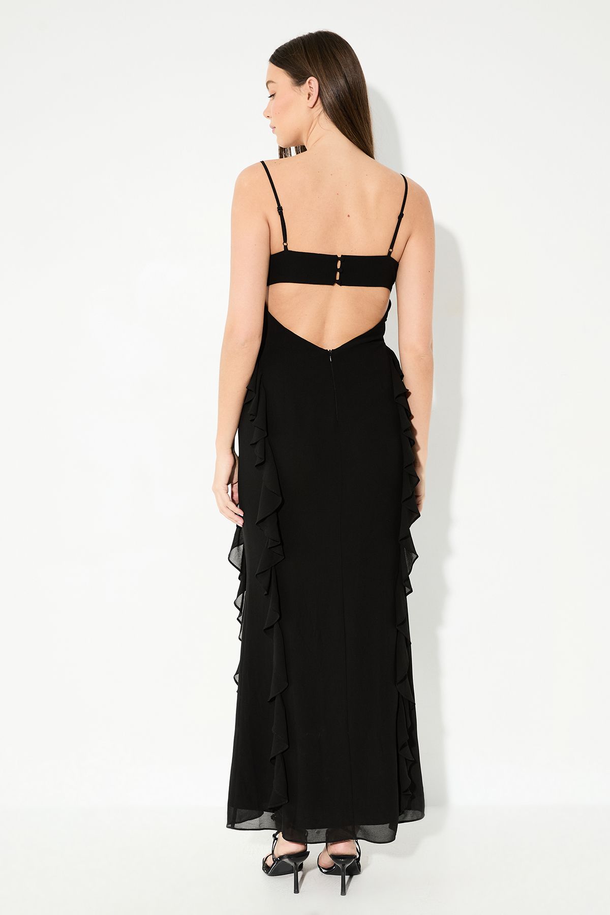 MissPap Ruffle Detail Open Back Maxi Dress Black image 3
