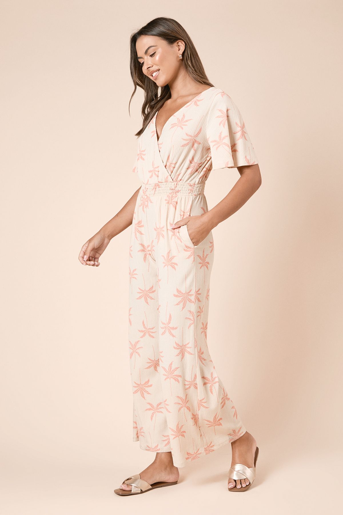 Dorothy Perkins Cream Palm Wrap Front Angel Sleeve Jersey Jumpsuit Cream image 1