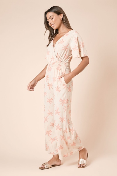 Dorothy Perkins Cream Palm Wrap Front Angel Sleeve Jersey Jumpsuit Cream