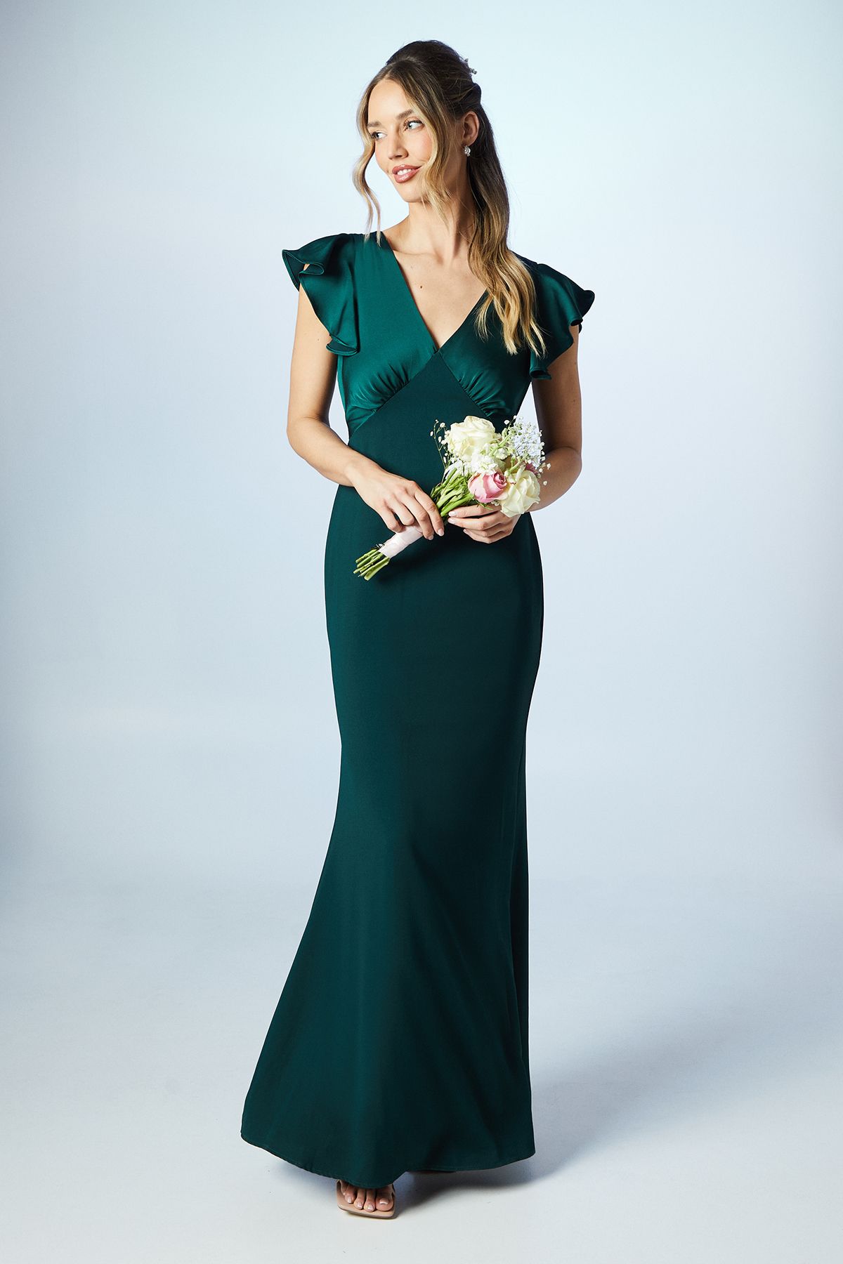Coast Coast Honoured V Neck Angel Short Sleeve Satin Maxi Bridesmaid Dress Emerald