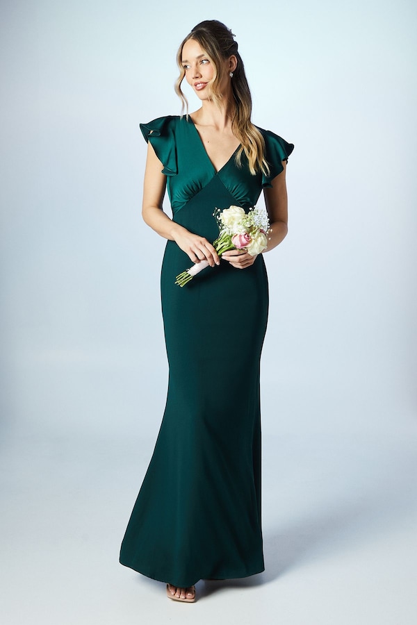 Coast Coast Honoured V Neck Angel Short Sleeve Satin Maxi Bridesmaid Dress Emerald