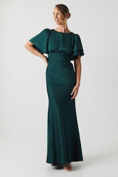 Coast Coast Honoured Satin Back Crepe High Neck Short Sleeve Maxi Bridesmaid Dress Emerald