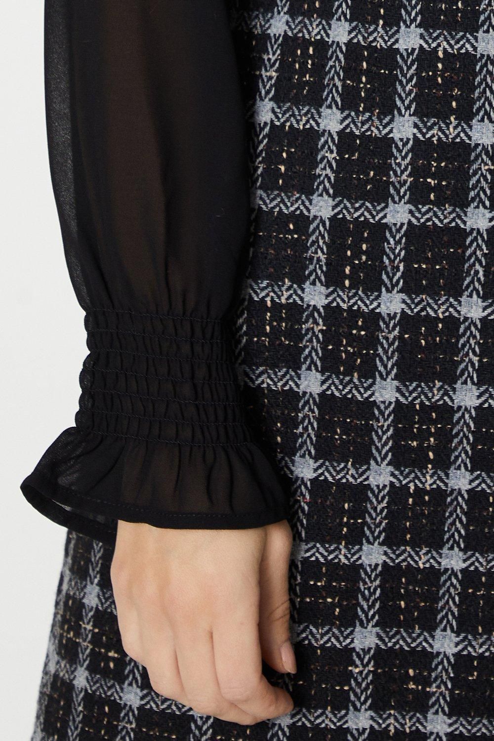 Oasis Petite Chiffon Sleeve Check Boucle Dress Black image 4