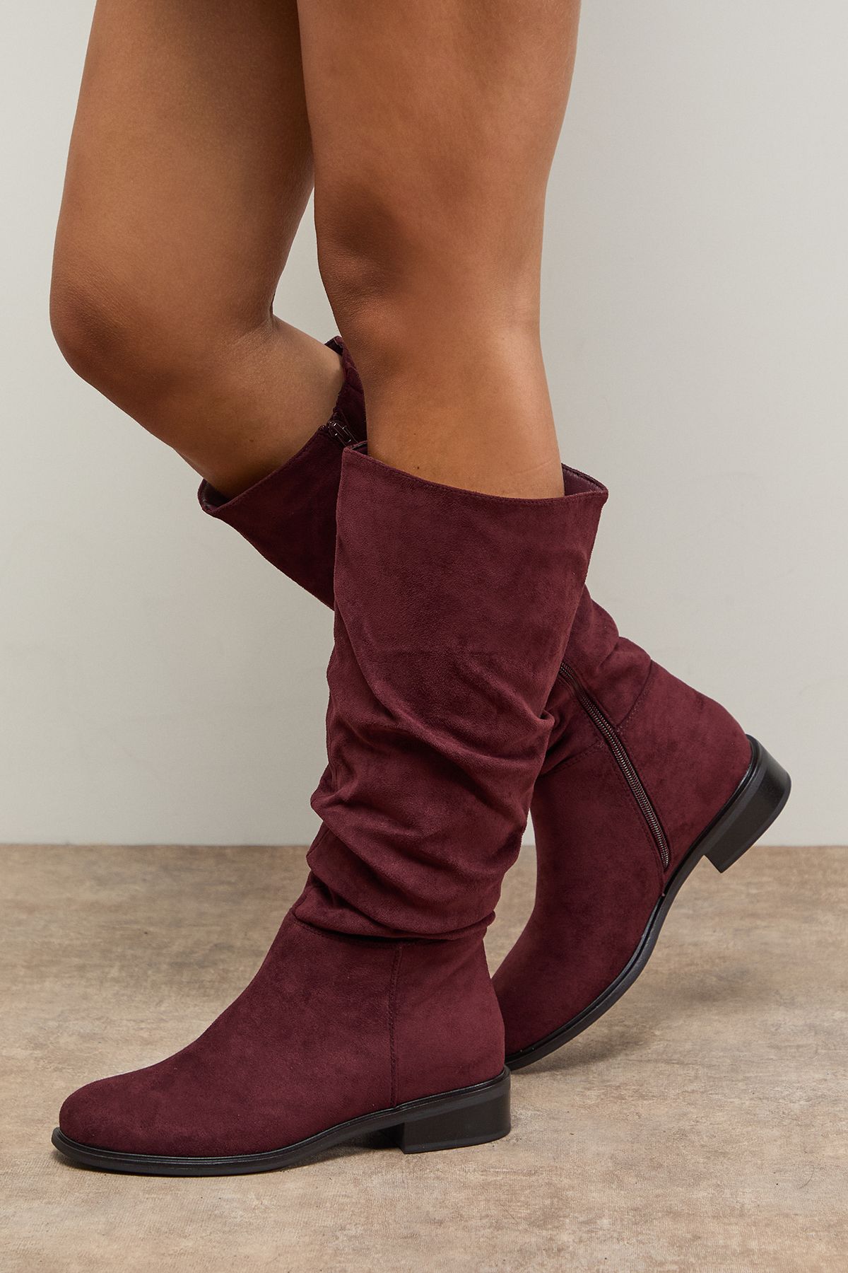 Dorothy Perkins Hazel Faux Suede Ruche Flat Knee Boots Burgundy image 2