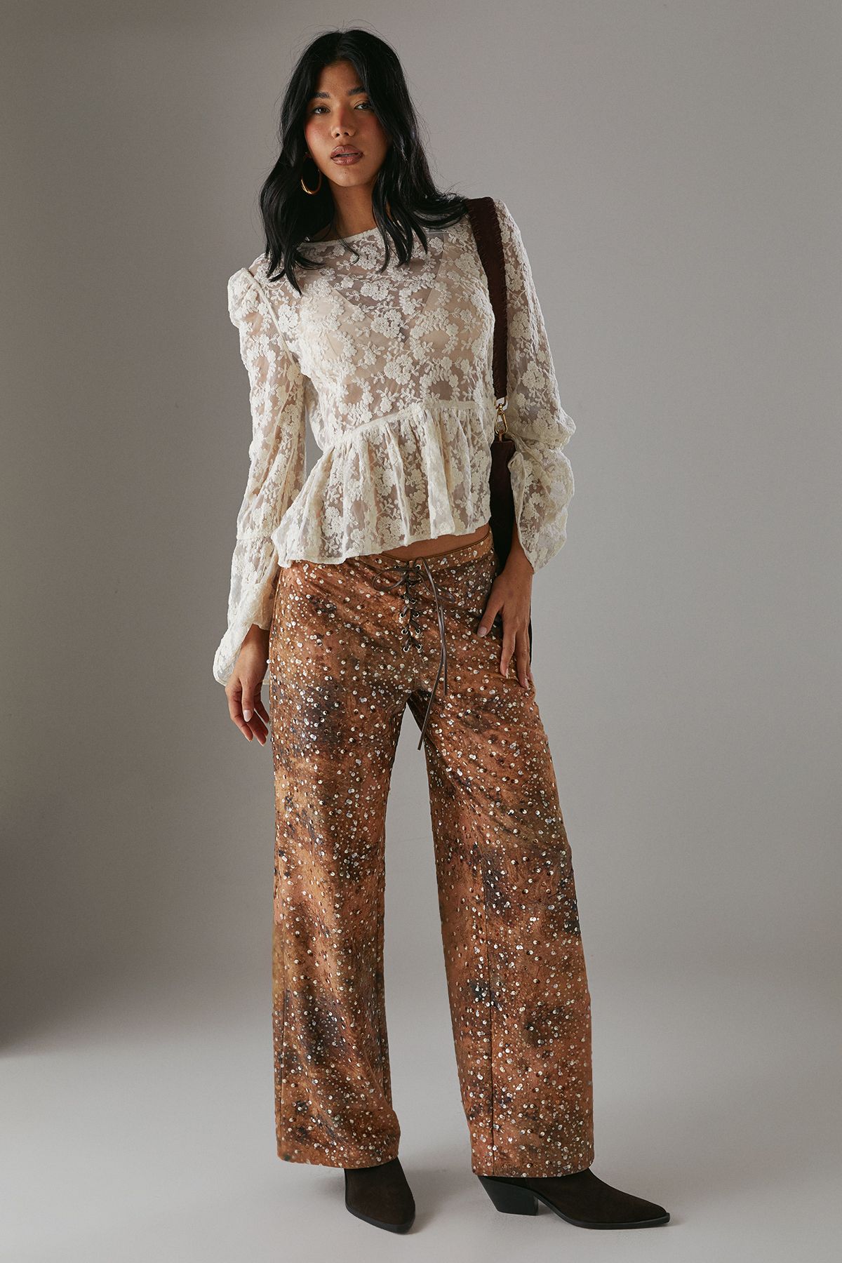 Warehouse Suedette Sequin Lace Up Trouser Brown image 4