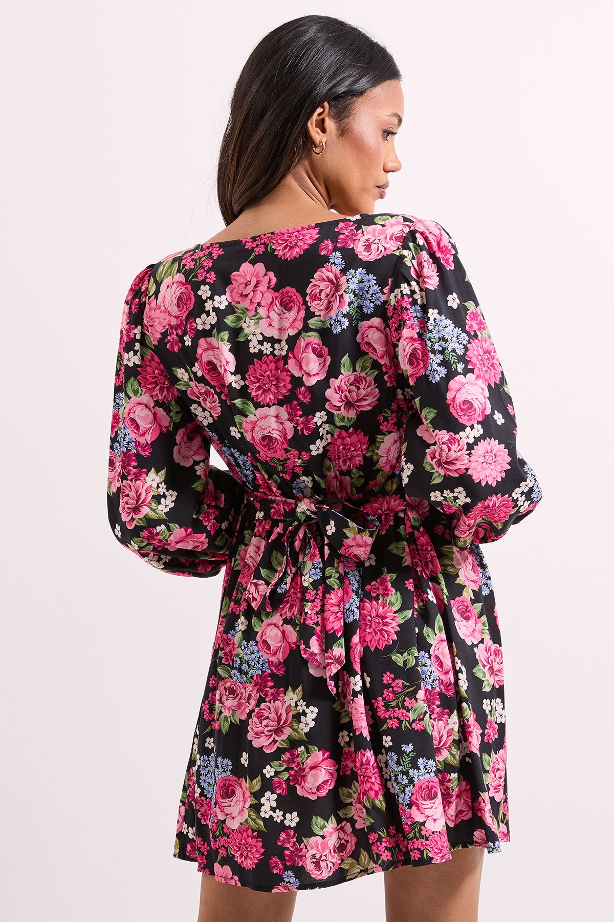 Dorothy Perkins Black Floral Square Neck Blouson Sleeve Tie Back Mini Dress Black image 3