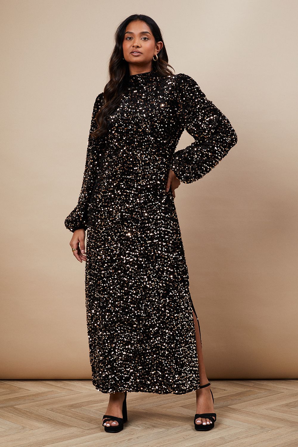 Oasis Occasion Velvet Sequin High Neck Midi Dress Black image 1