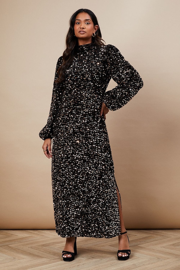 Oasis Occasion Velvet Sequin High Neck Midi Dress Black