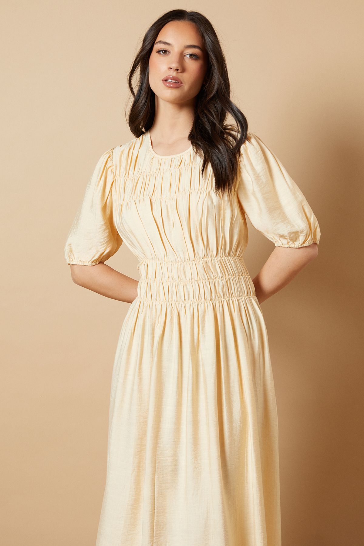 Oasis Shirred Bodice Puff Sleeve Midi Dress Yellow image 2