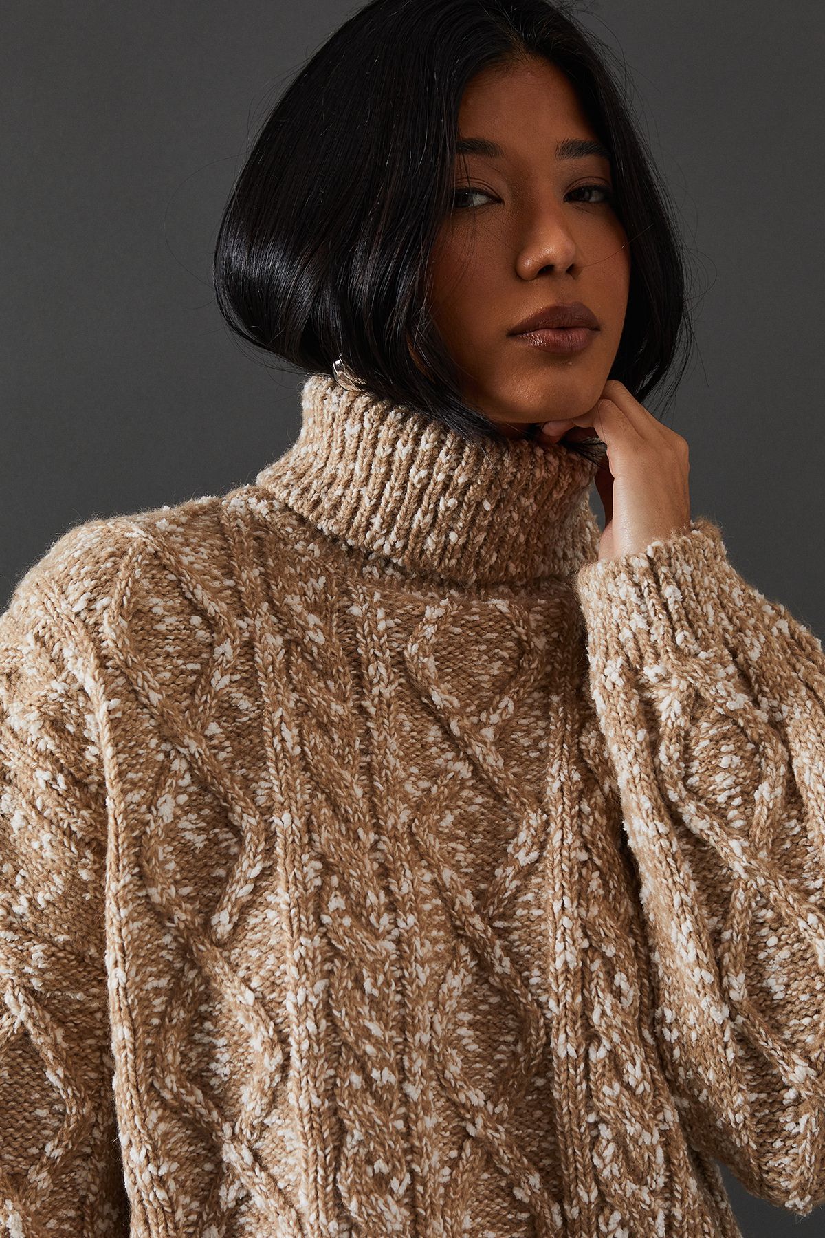 Warehouse Cable Knit Roll Neck Jumper Camel image 2