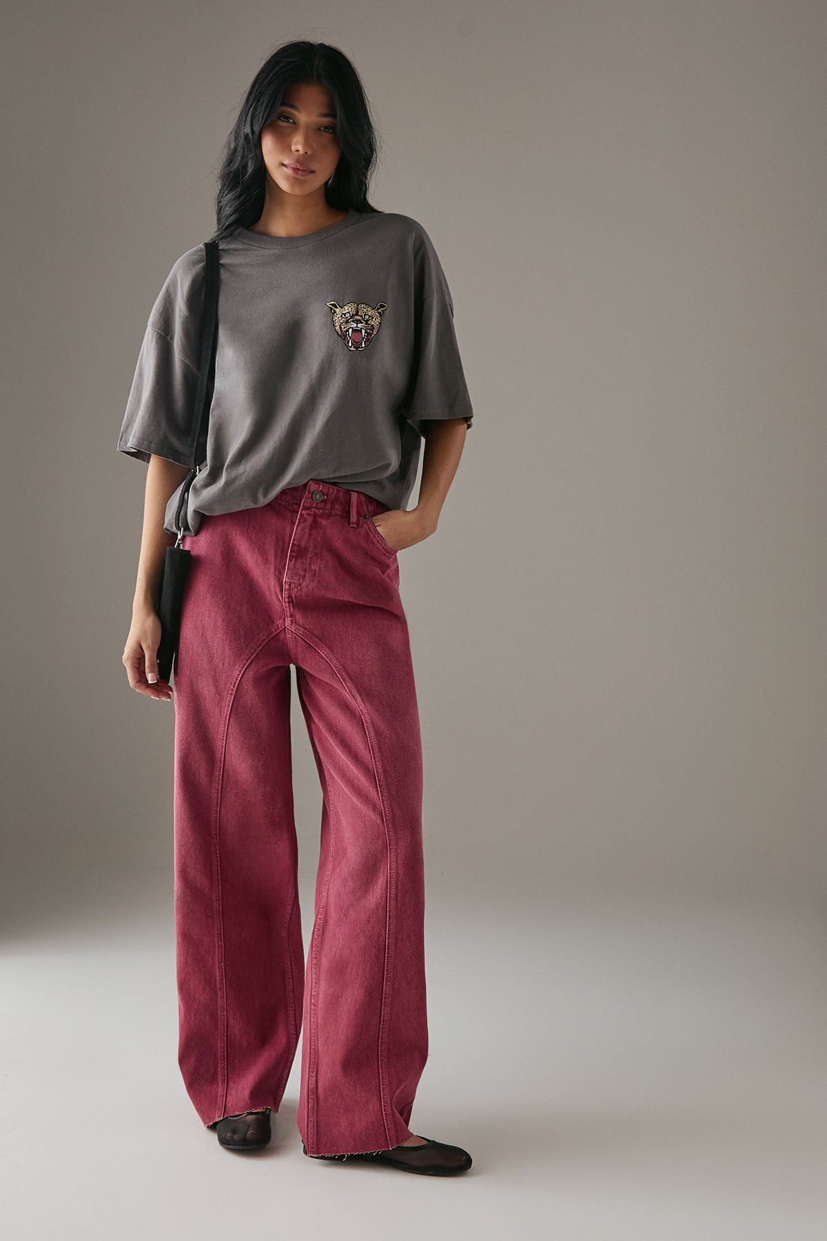 Warehouse Washed Raw Waist Seam Detail Denim Dad Jean Raspberry image 2