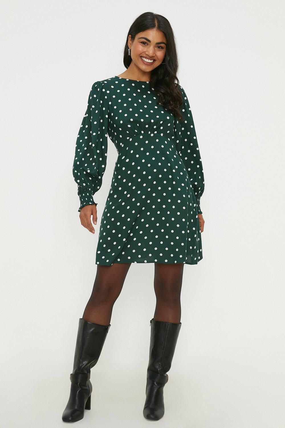 Dorothy Perkins Green Spot Shirred Cuff Mini Dress Green image 1