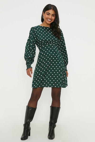 Dorothy Perkins Green Spot Shirred Cuff Mini Dress Green