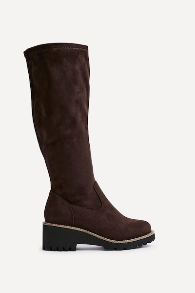 Linzi Maintain Wide Fit Brown Faux Suede Stretch High Leg Wedge Boot