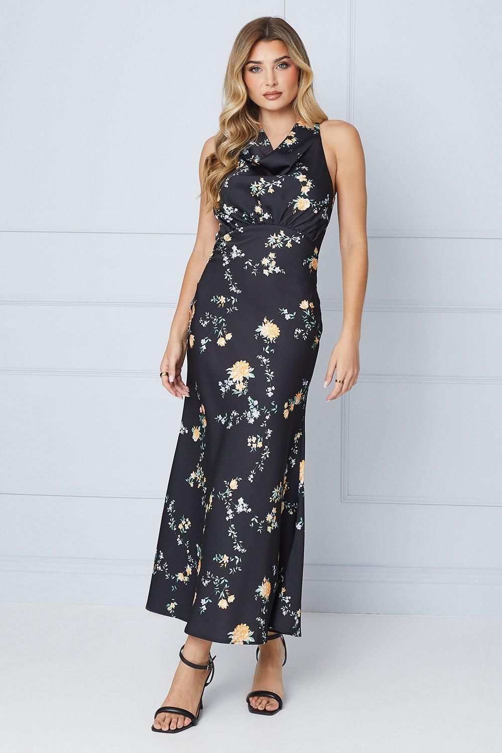 Oasis Occasion Floral Satin Cross Back Midi Dress Black image 1