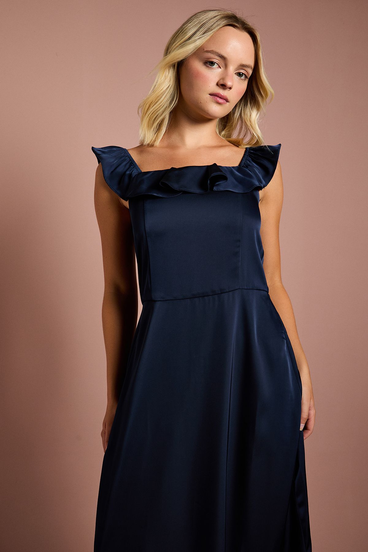 Coast Teen Coast Ruffle Strap Satin Bridesmaid Dress Navy image 4