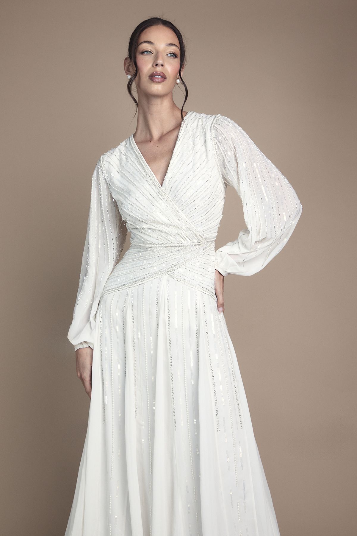 Coast Long Sleeve Linear Embellished Wedding Dress Ivory image 2