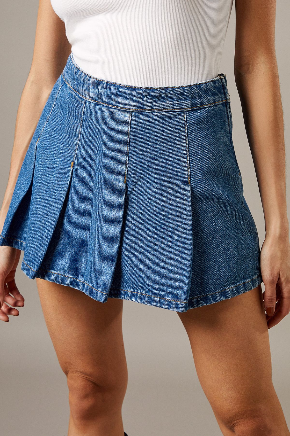 Warehouse Denim Pleated Mini Skirt Mid Blue image 4