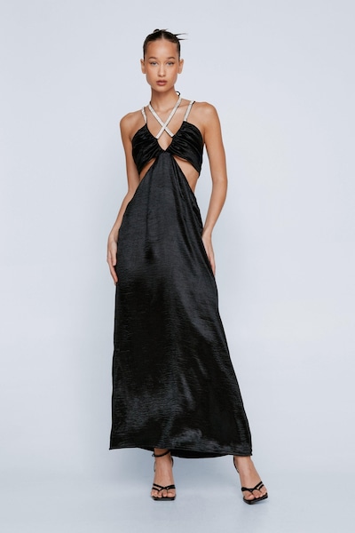 NastyGal Diamante Strap Cut Away Satin Dress Black