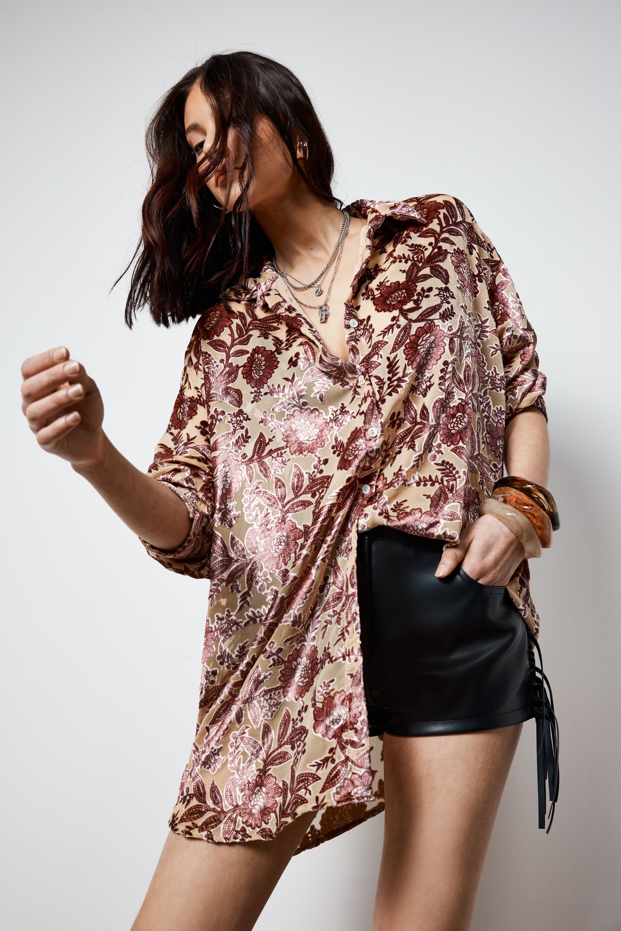 NastyGal Vintage Floral Devore Sheer Oversized Shirt Tan image 3