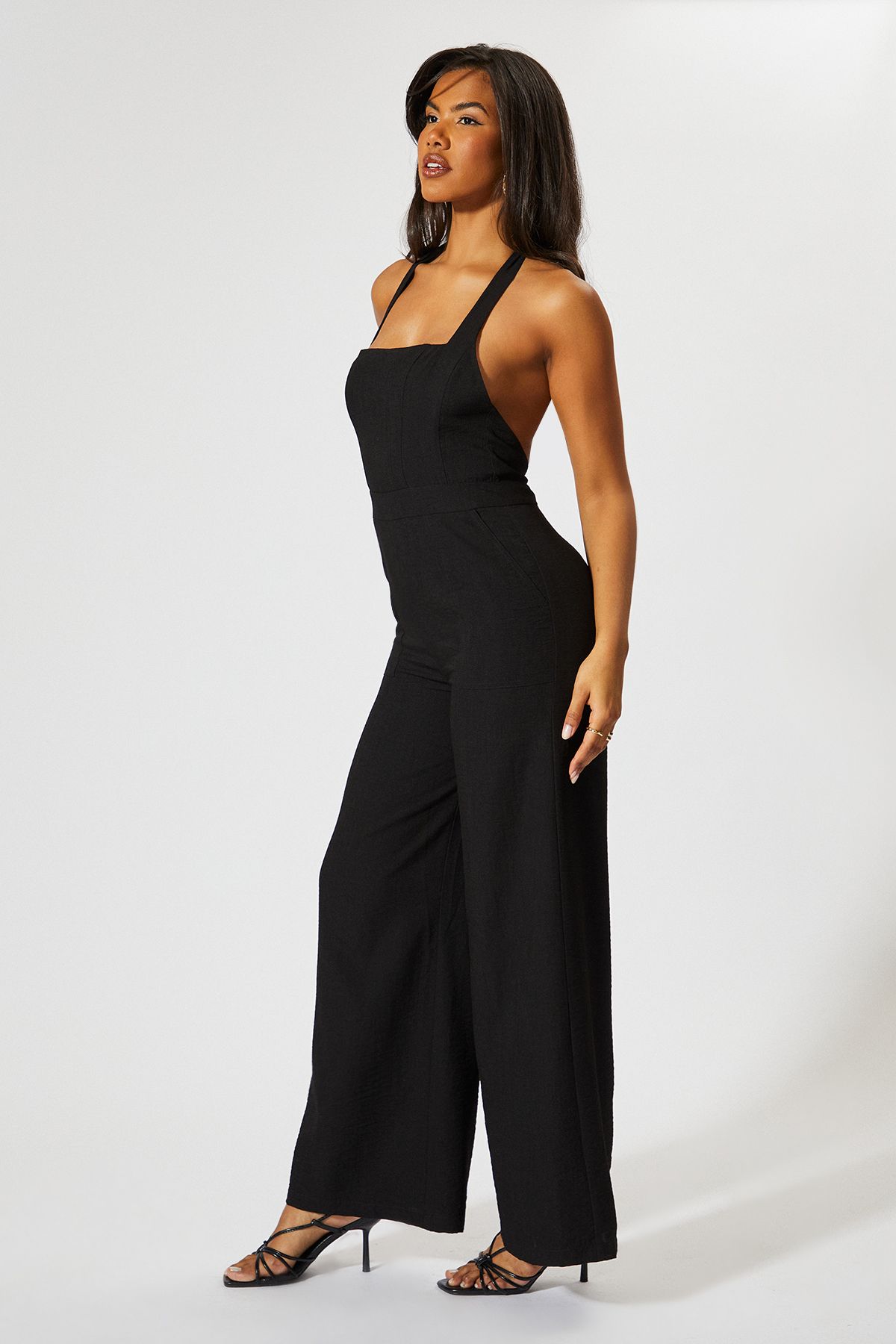 MissPap Linen Look Halter Neck Jumpsuit Black image 3