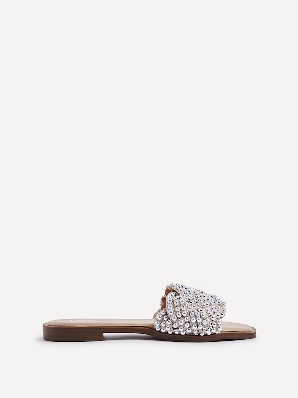 Linzi Lanette Nude Faux Leather Plaited & Beaded Flat Sandals