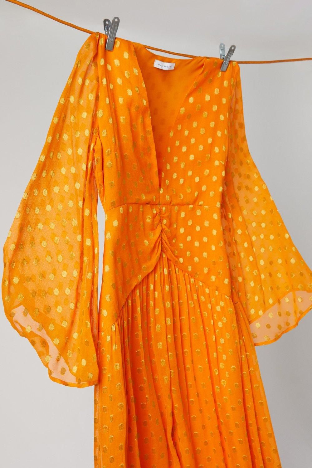 Warehouse Metallic V Plunge Kimono Sleeve Maxi Dress Orange image 5