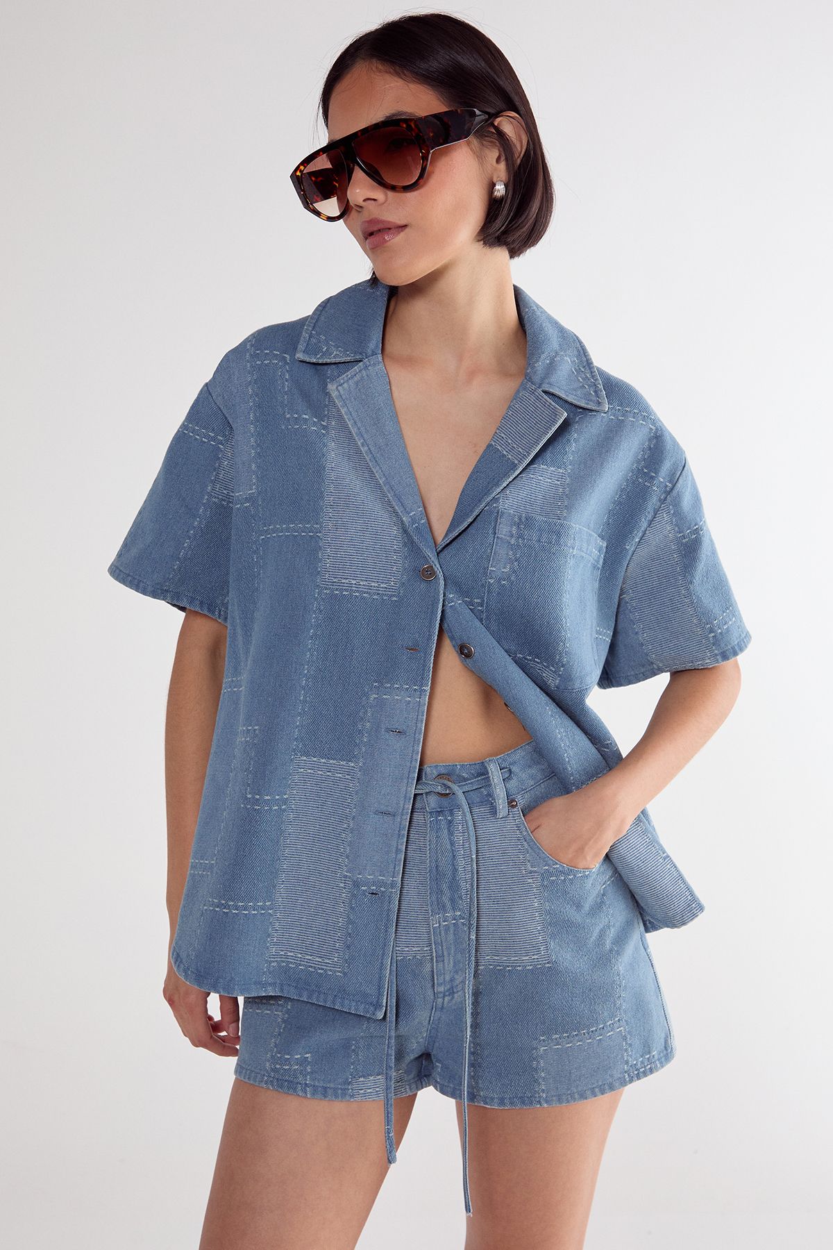 NastyGal Denim Patchwork Contrast Stitch Resort Shirt Mid Blue image 2