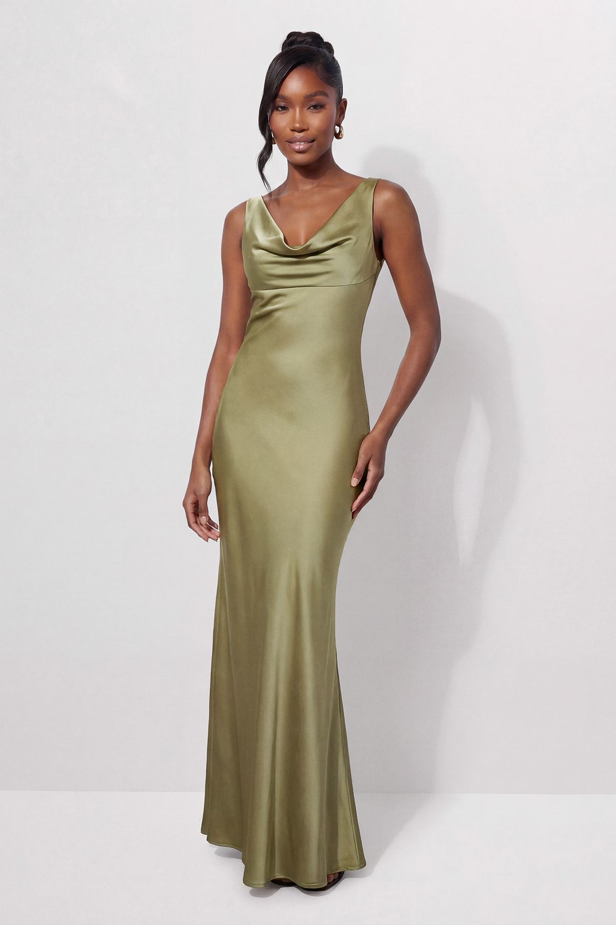 MissPap Premium Satin Cowl Neck Fishtail Maxi Bridesmaid Dress Olive