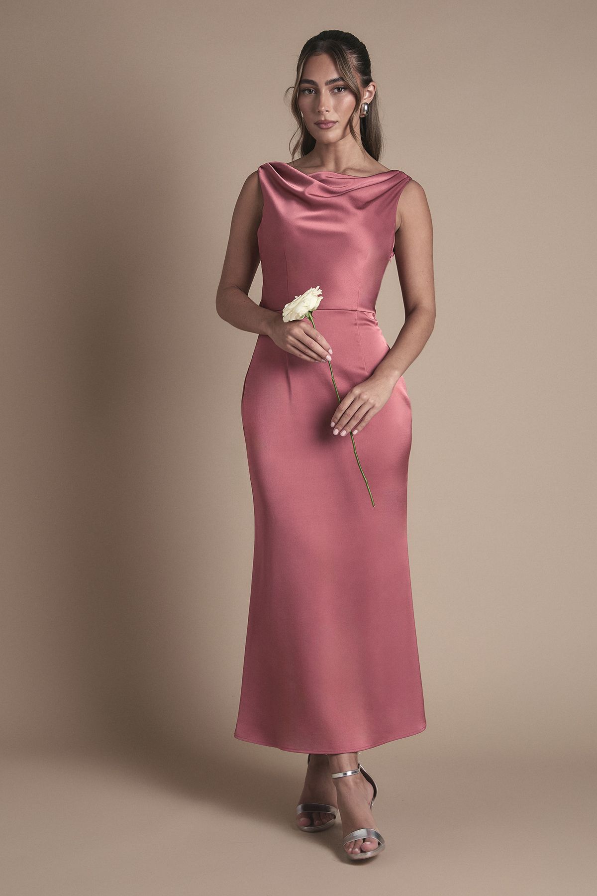 Oasis Oasis by Coast Cowl Neck Open Back Midi Bridesmaid Dress Terracotta