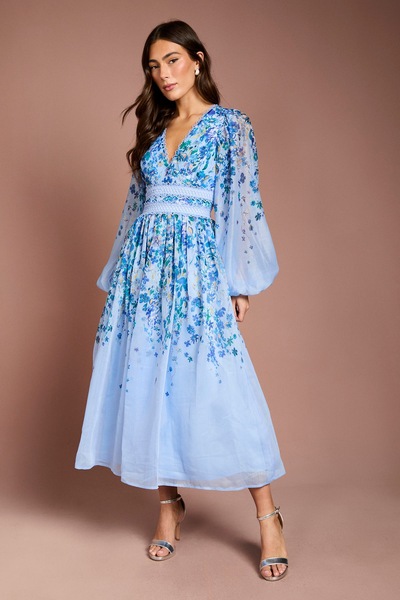 Coast Organza Floral Placement Lace Trim Midaxi Dress Light Blue