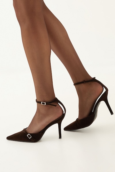 MissPap Velvet Buckle Detail Pointed High Stiletto Heel Court Shoes Brown