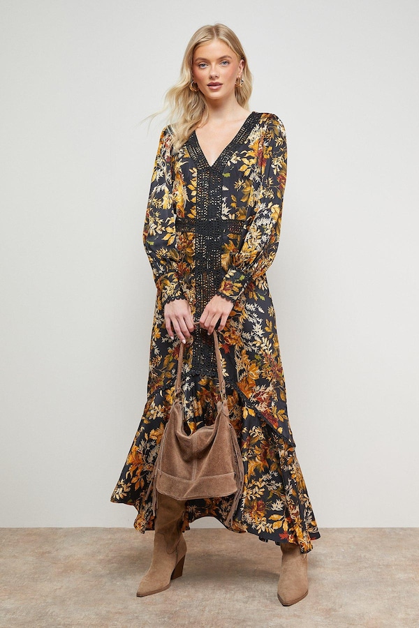 Oasis Printed Lace Trim Detail High Low Hem Midi Dress Floral