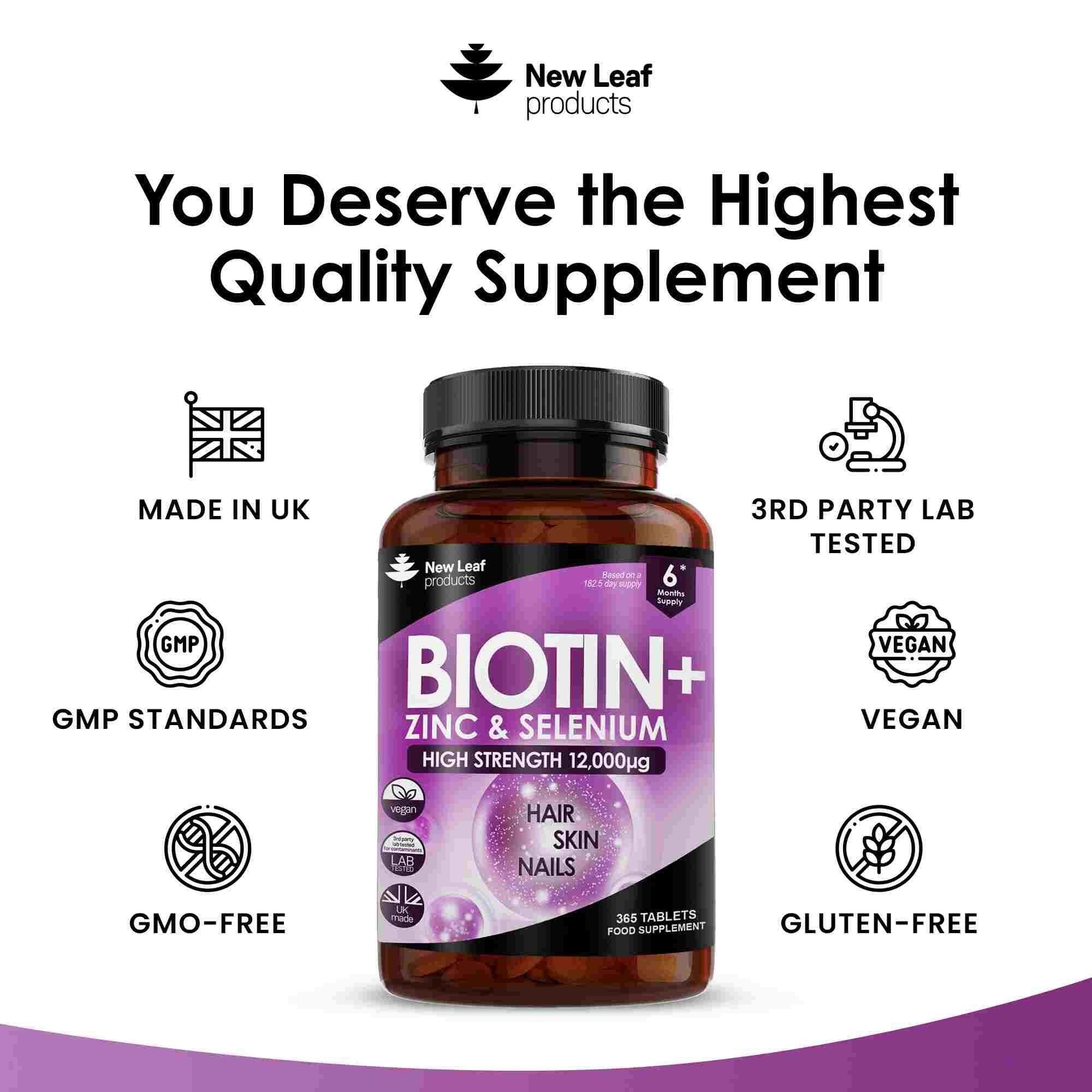 New leaf health Biotin Hair Growth Vitamins 12,000mcg - Enriched with Zinc 365 Tablets image 4