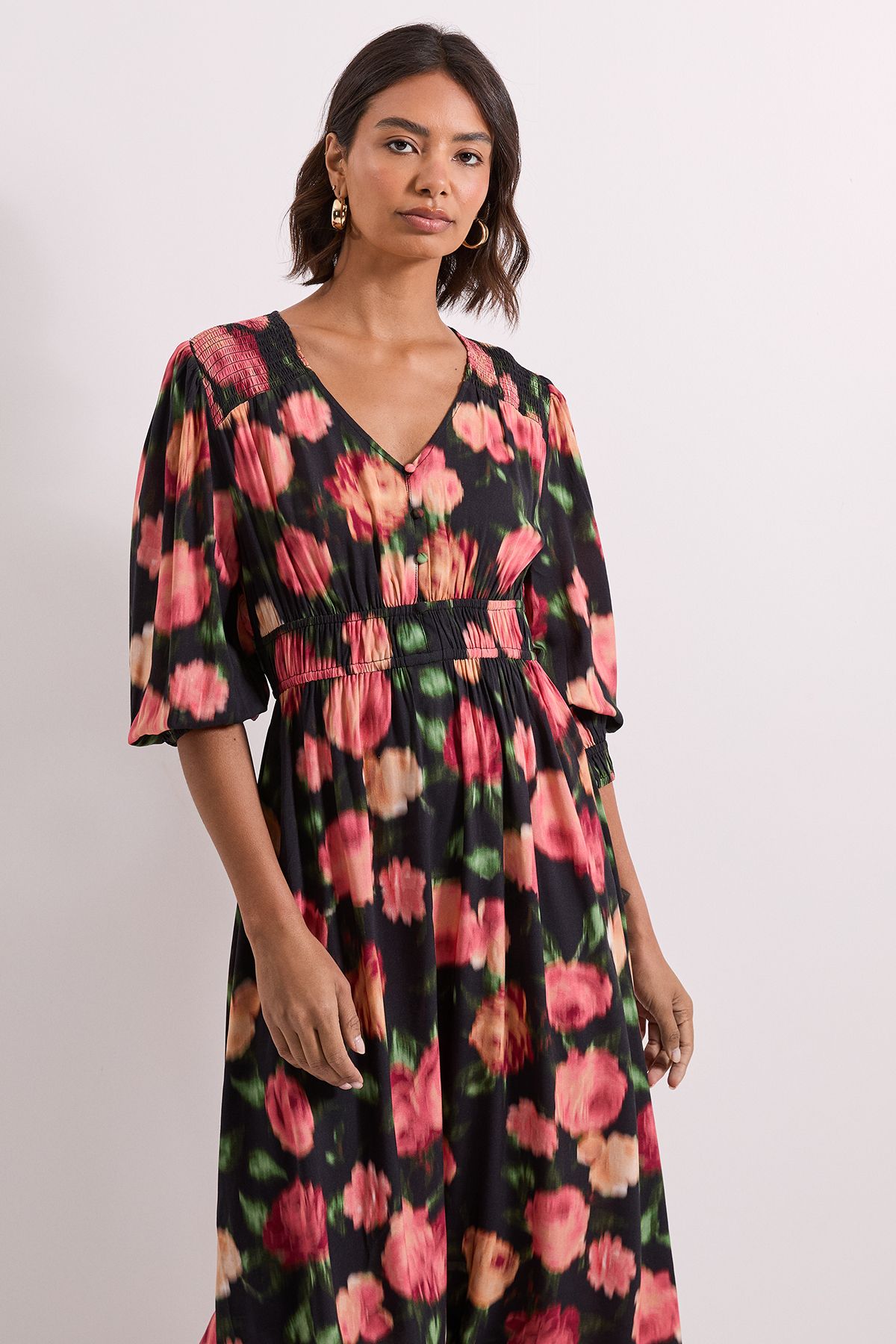 Dorothy Perkins Floral Shirred Detail Blouson Sleeve Midi Dress Floral image 2