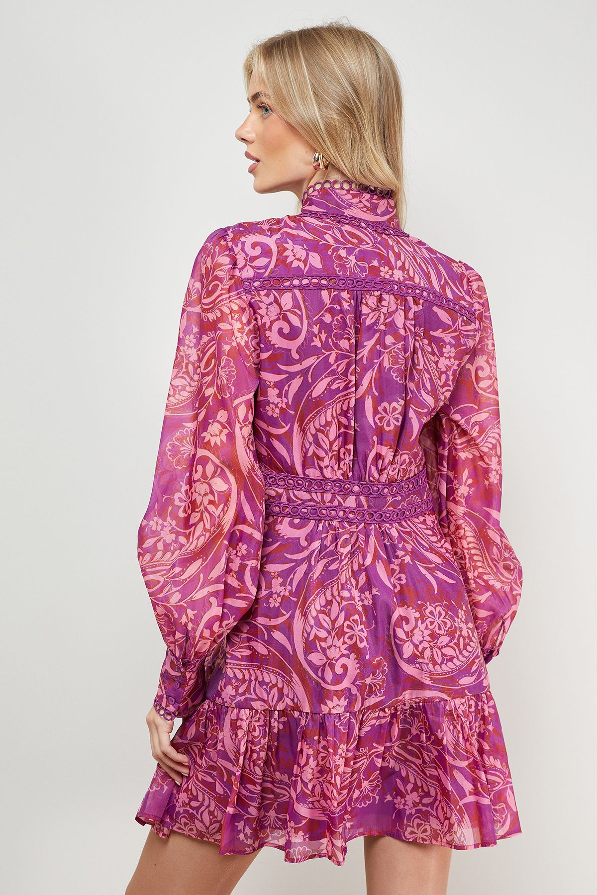 Oasis Printed Lace Trim Boho Shirt Mini Dress Floral image 3