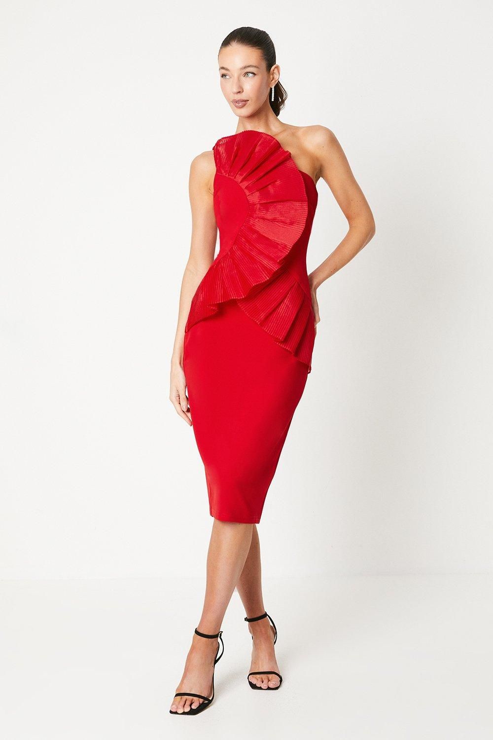 Coast Pleated Front One Shoulder Midi Dress Red