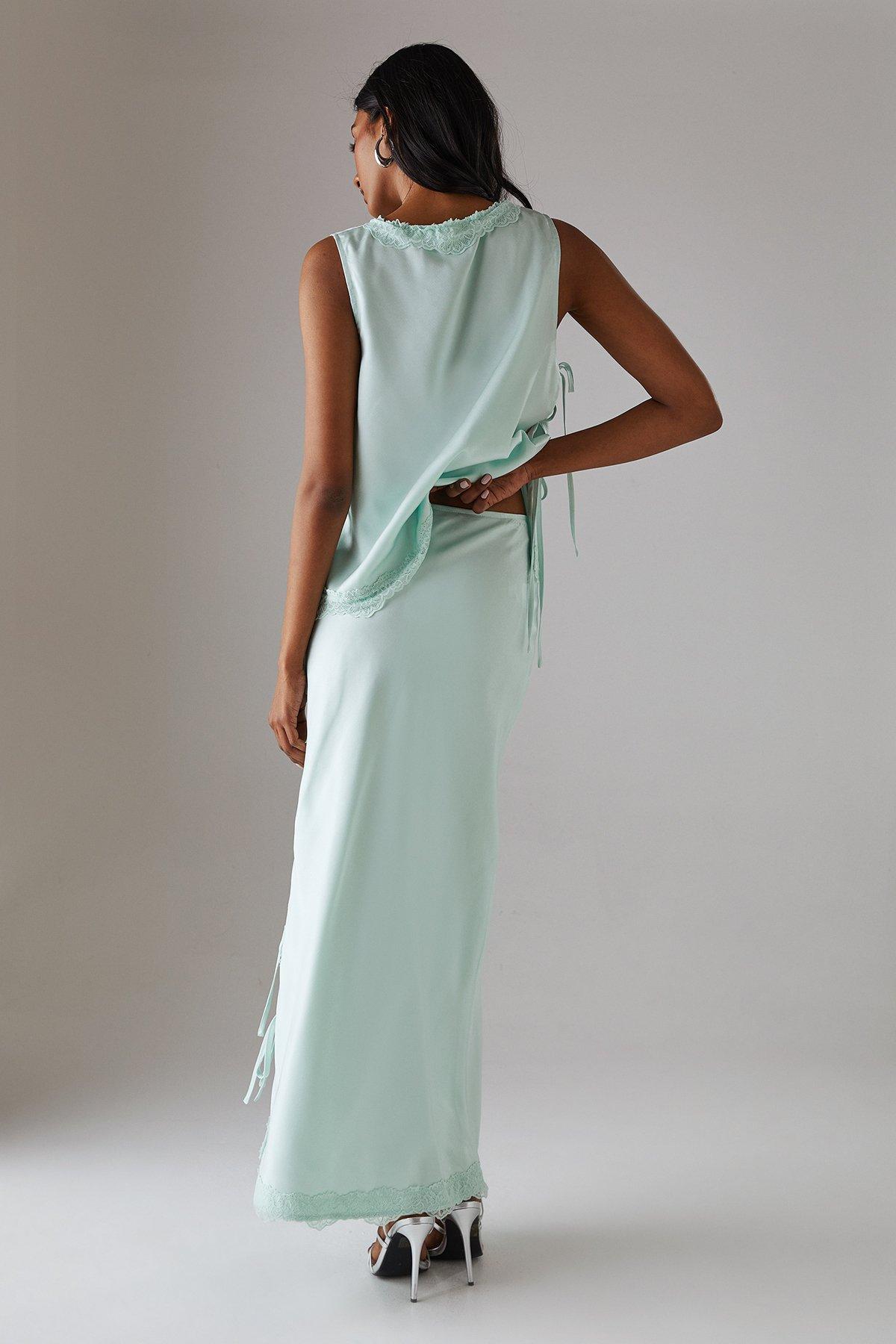 Warehouse Satin Lace Bias Midi Skirt Pale Blue image 3