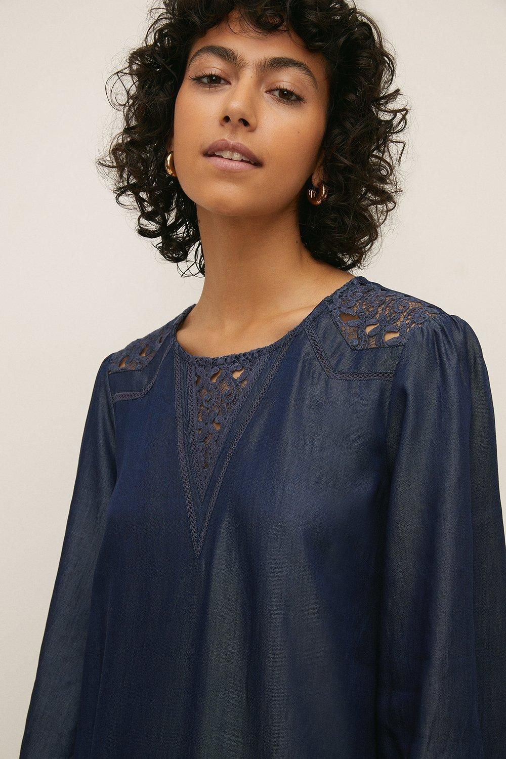 Oasis Cut Work Yoke Thread Dress Dark Wash image 4