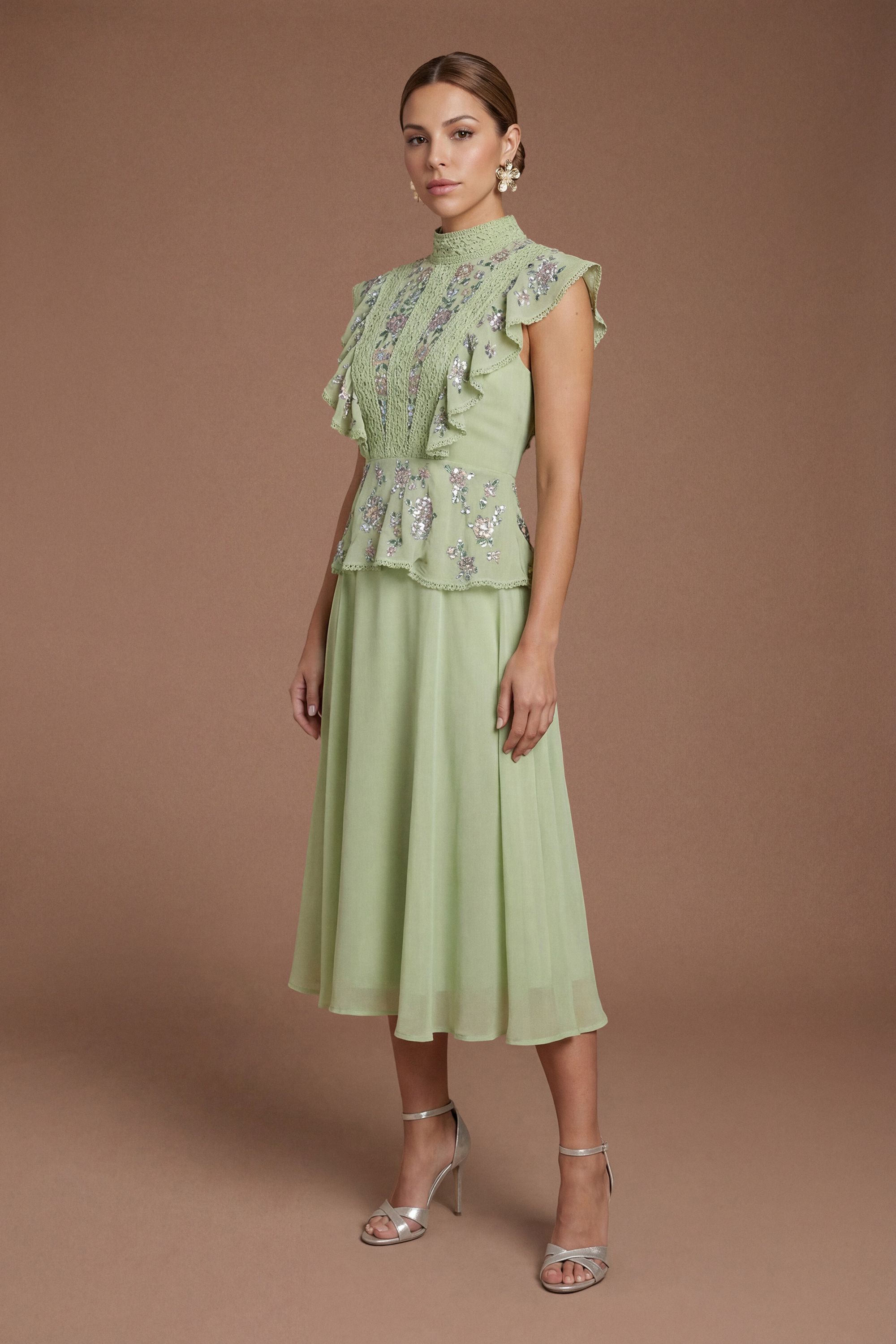 Coast Petite Embellished Frill Detail Midi Dress Sage