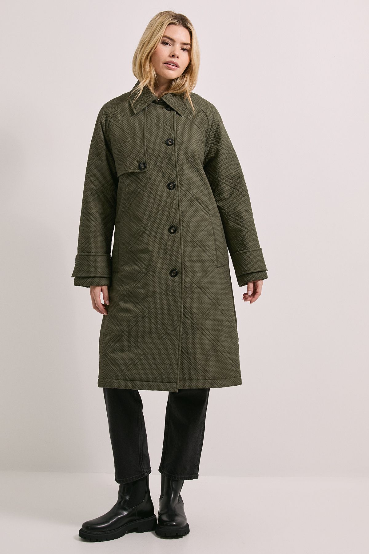 Dorothy Perkins Collar Detail Quilted Midi Coat Khaki image 1