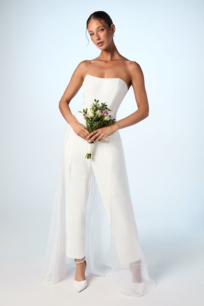 Coast Corset Crepe Wedding Jumpsuit with Organza Overlay Ivory