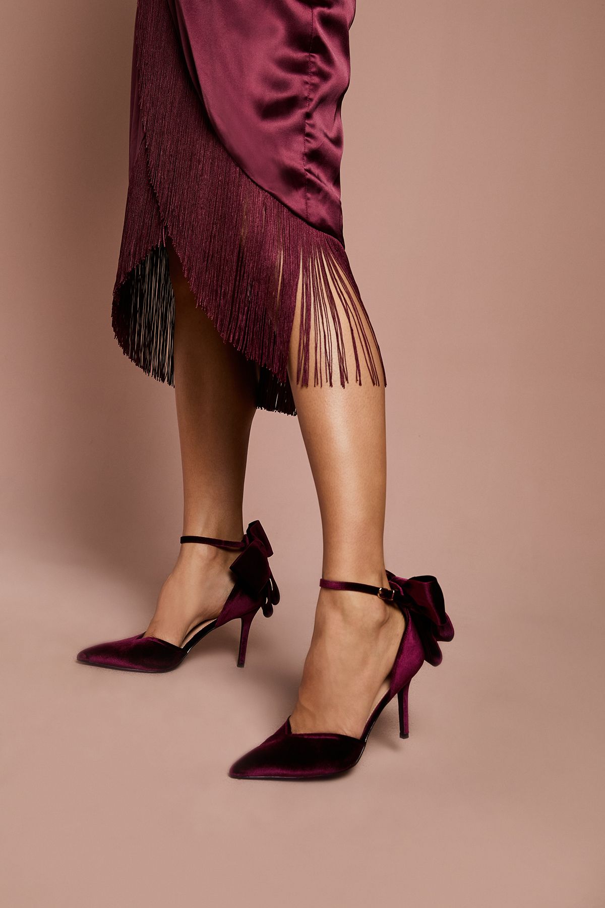 Coast Kittie Velvet Back Bow Pointed High Stiletto Heel Court Shoes Dark Red image 2