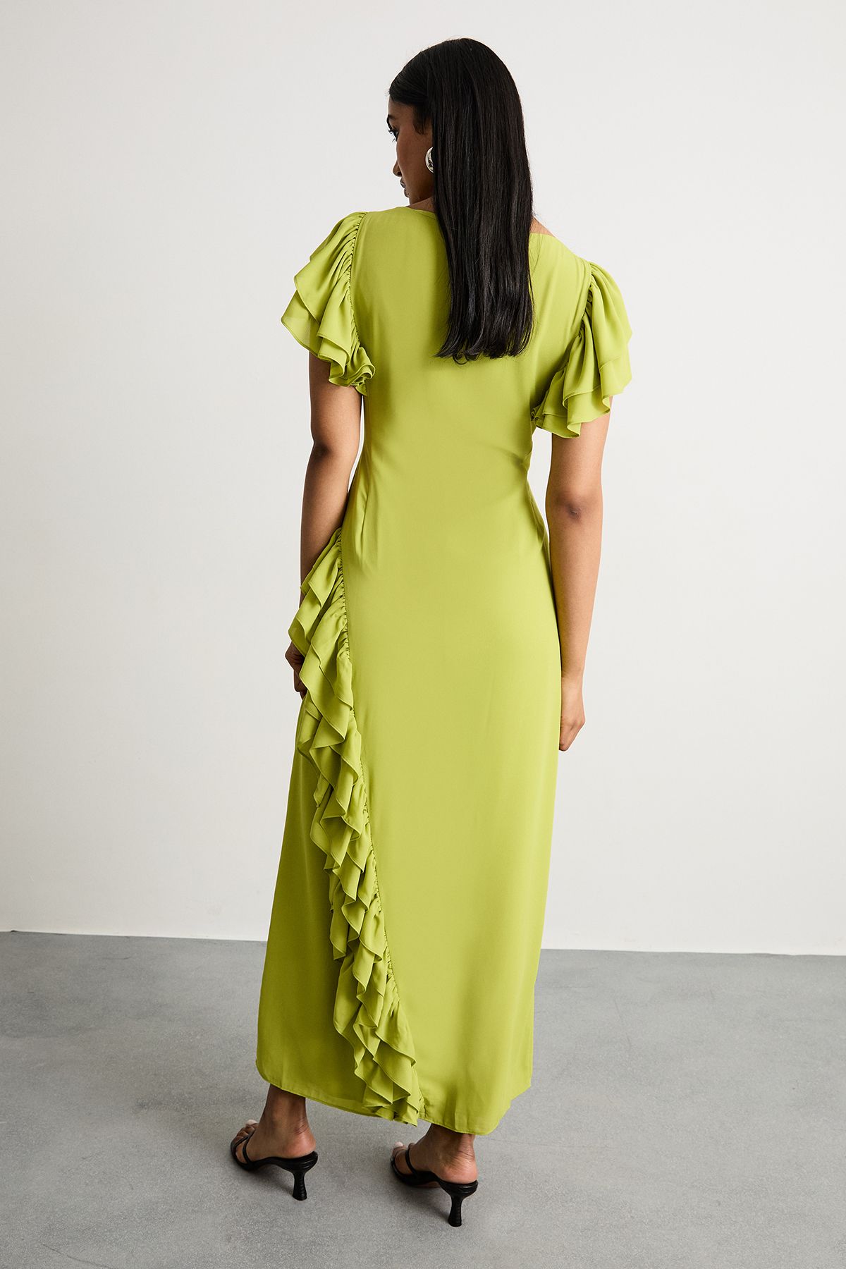 Warehouse Side Split Ruffle Detail Maxi Dress Lime image 3